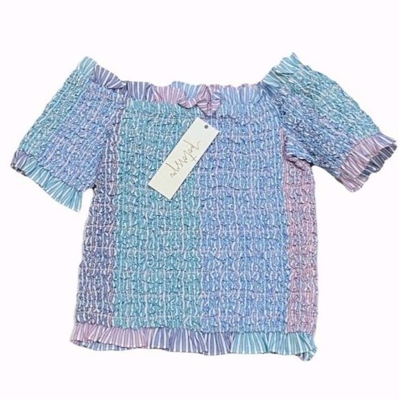 Petersyn NWT Kinsey Smocked Off-Shoulder Top REVOLVE M Blue Cottagecore Kidcore - Picture 3 of 12